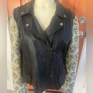 Black Vegan Leather Jacket with Floral Jacquard Sleeves